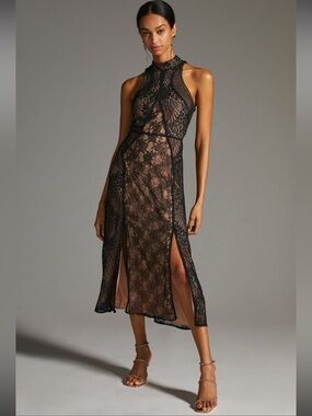 NWT Anthropologie Structured High-Neck Midi Dress Black Lace